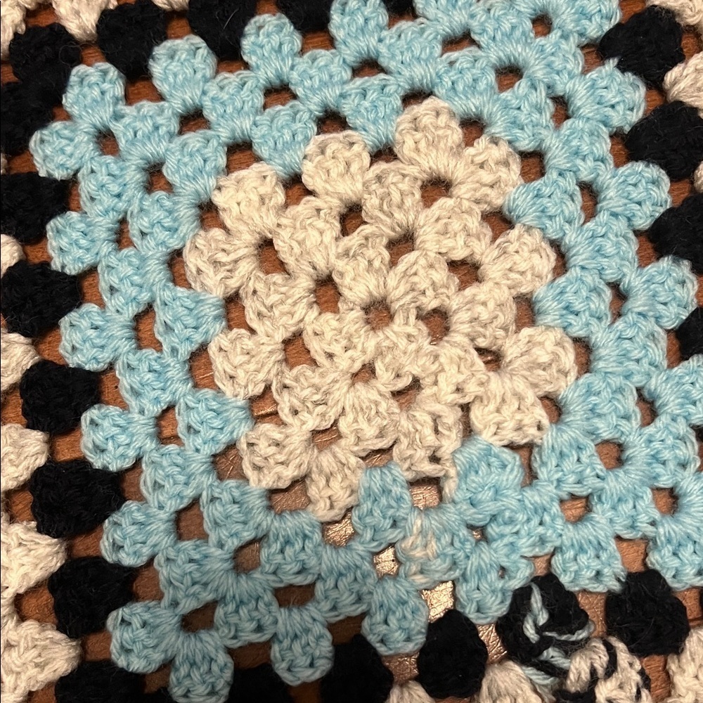 Handmade Crochet Blanket in Blue, Black, and White